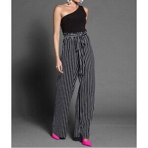 Venus Paperbag Striped Jumpsuit Womens Sz 2X Asymmetrical Neckline Glam Party